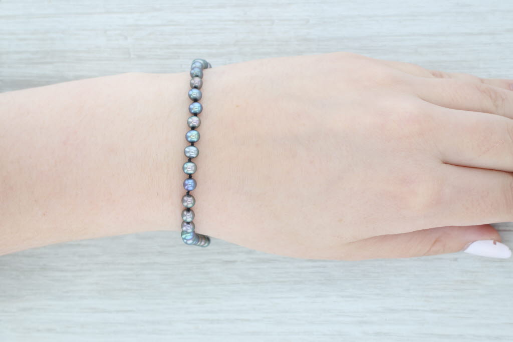 Light Gray Black Cultured Pearl Single Strand Bracelet 14k Yellow Gold 7.25"