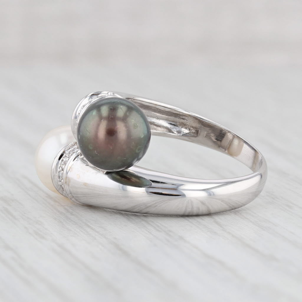 Light Gray Black White Cultured Pearl 0.10ctw Diamond Bypass Ring 14k White Gold Size 6.75