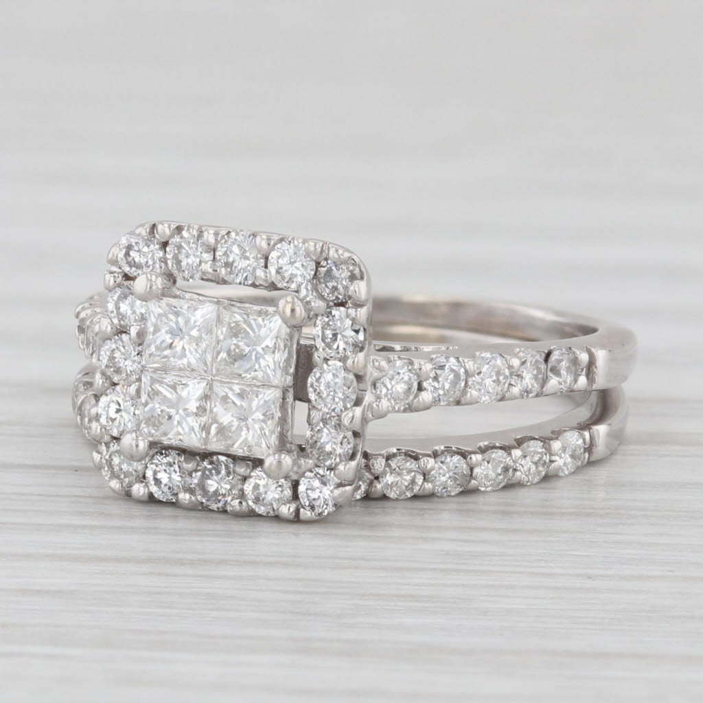 Light Gray 1.20ctw Princess Diamond Halo Engagement Ring Wedding Band Bridal 14k White Gold