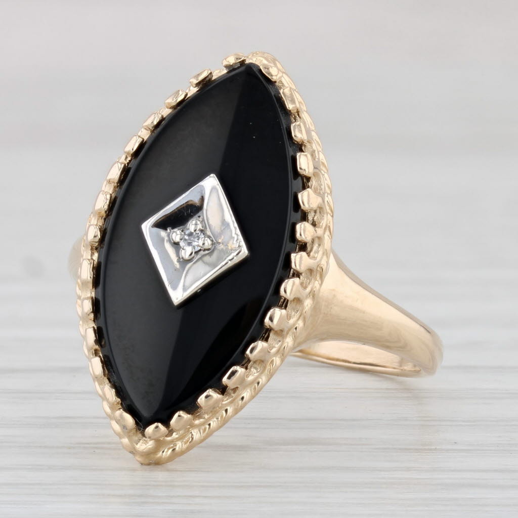 Light Gray Marquise Onyx Diamond Signet Ring 14k Yellow Gold Size 8.5