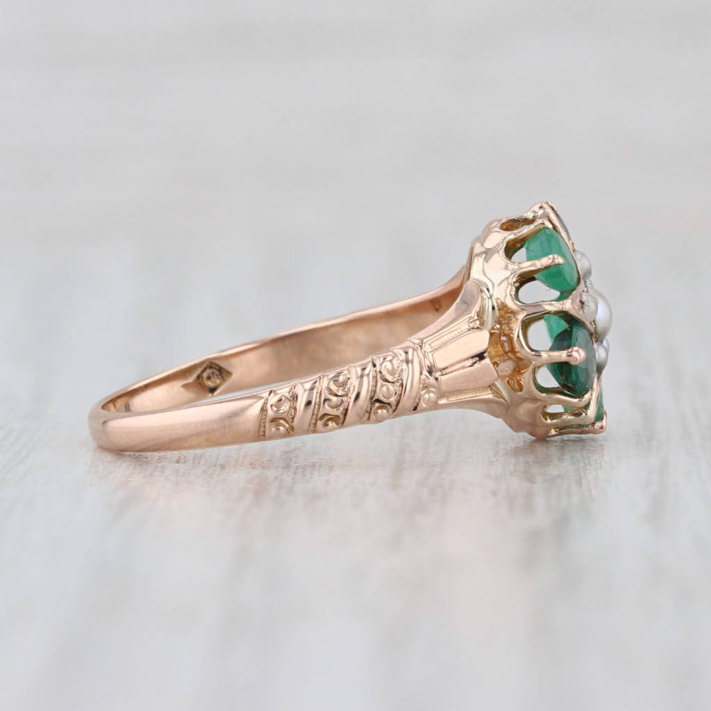 Antique Green Stone Flower Ring 10k Gold Emerald Garnet Glass Imitation Pearls