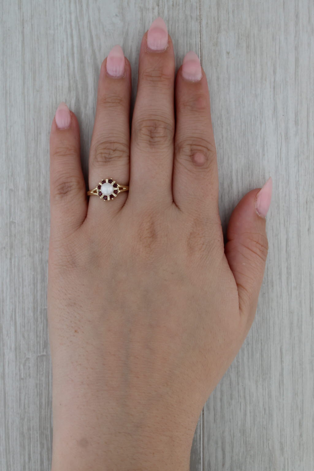 Cultured Pearl 0.24ctw Ruby Halo Ring 10k Yellow Gold Size 7.25