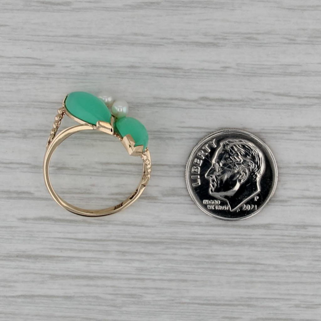 Green Chrysoprase Cultured Pearl Bypass Ring 10k Yellow Gold Size 7.5