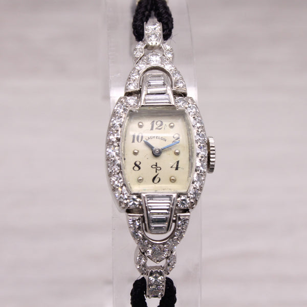 Gray Vintage Lady Elgin Platinum & 1ctw Diamond Art Deco Ladies Wrist Watch Serviced