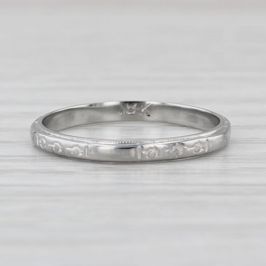 Art Deco Floral Engraved Wedding Band 18k White Gold Stackable Ring Size 6