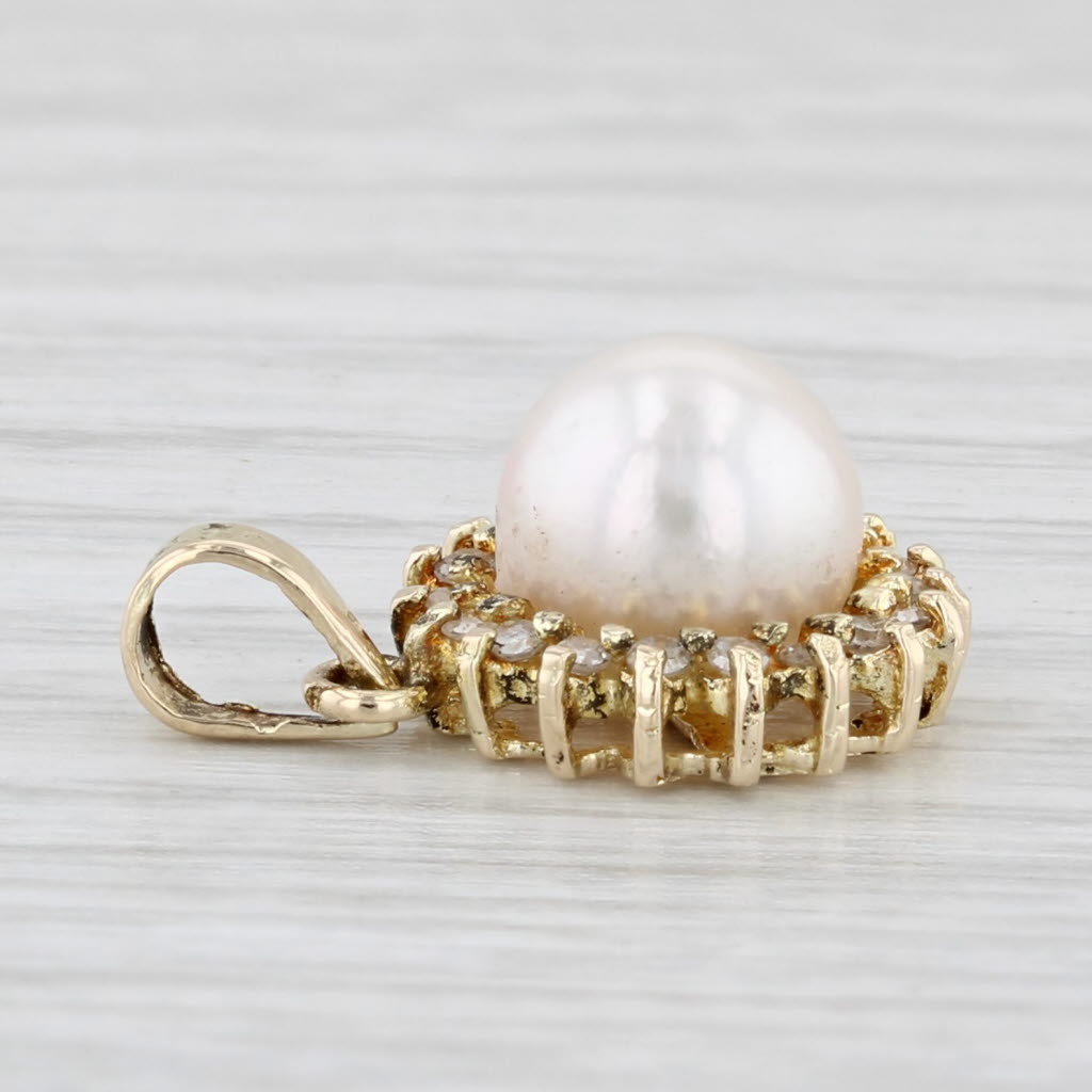Light Gray Cultured Pearl Diamond Halo Pendant 14k Yellow Gold Small Drop