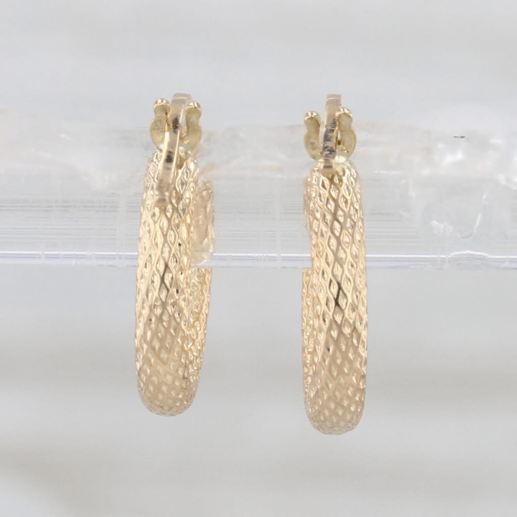 Crosshatch Pattern Small Hoop Earrings 18k Yellow Gold Snap Top Huggie Hoops