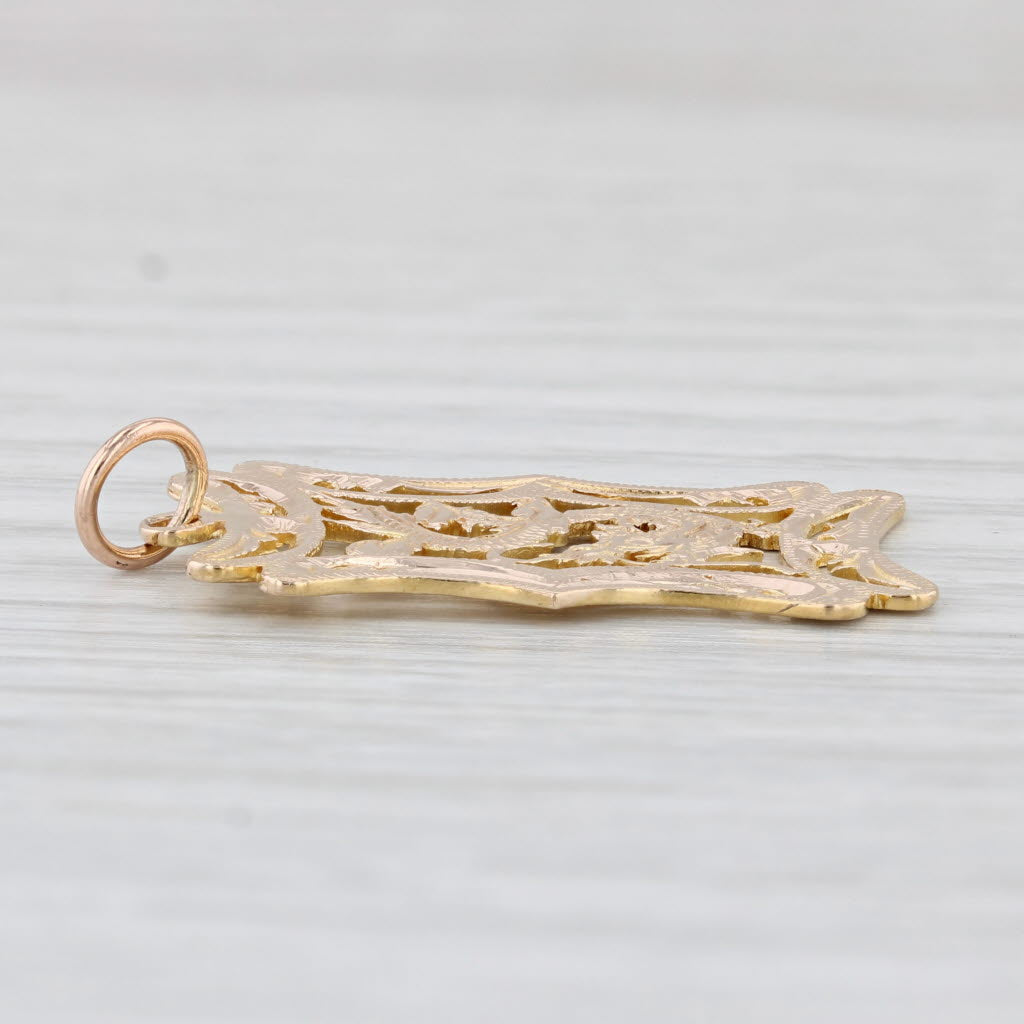 Light Gray Dragon Pendant 14k Yellow Gold Ornate Openwork Charm