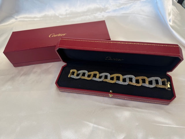 Gray Cartier Woven Yellow White Gold Bracelet w/ Box 18k 6.75" Designer Statement
