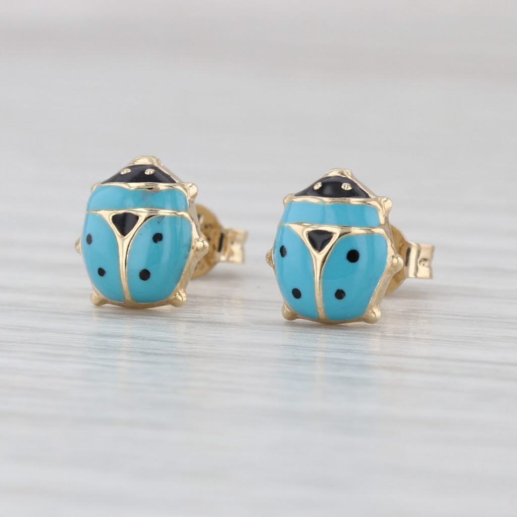 Blue Ladybug Stud Earrings 14k Yellow Gold Resin Small Studs Good Luck