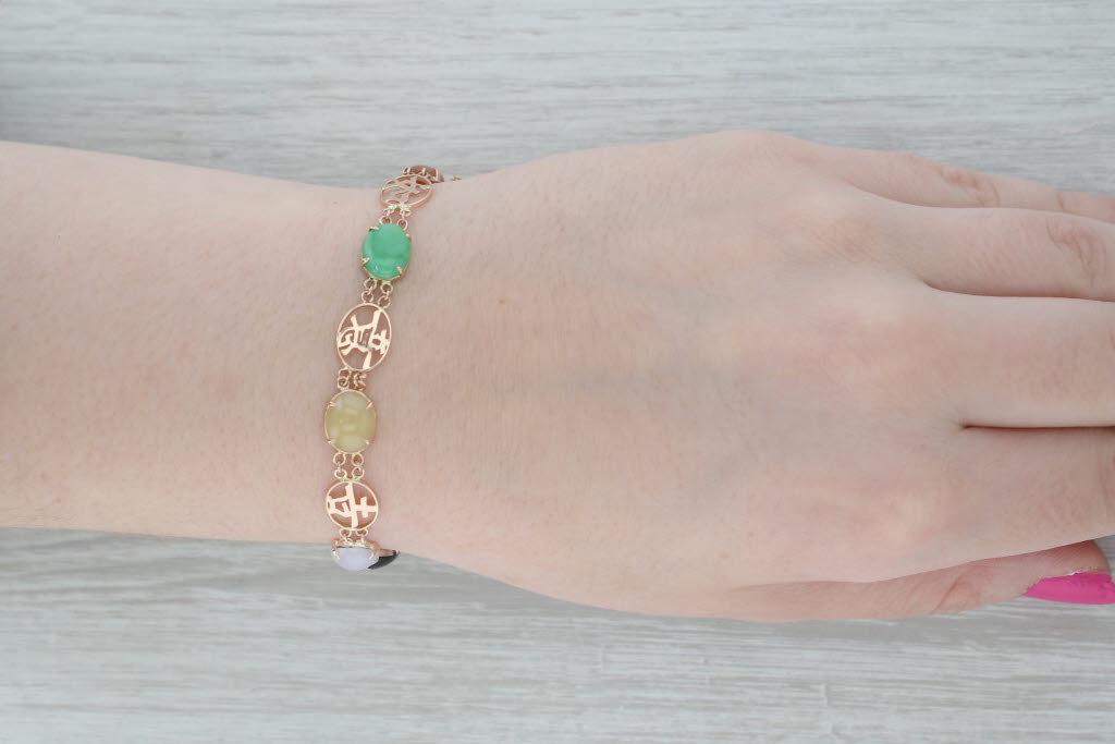 Gray Multicolor Jadeite Jade Chinese Calligraphy Bracelet 14k Rose Gold 7"
