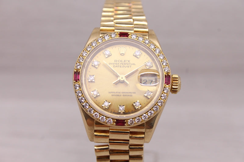 1990 Rolex Ladies President 69068 18k Yellow Gold Diamond & Ruby Watch Serviced