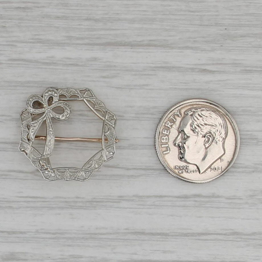 Vintage Art Deco Filigree Bow Wreath Brooch 18k White 8k Yellow Gold Pin