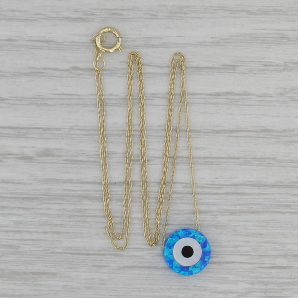 New All Seeing Eye Pendant Necklace 14k Gold Onyx Mother of Pearl 17.25"