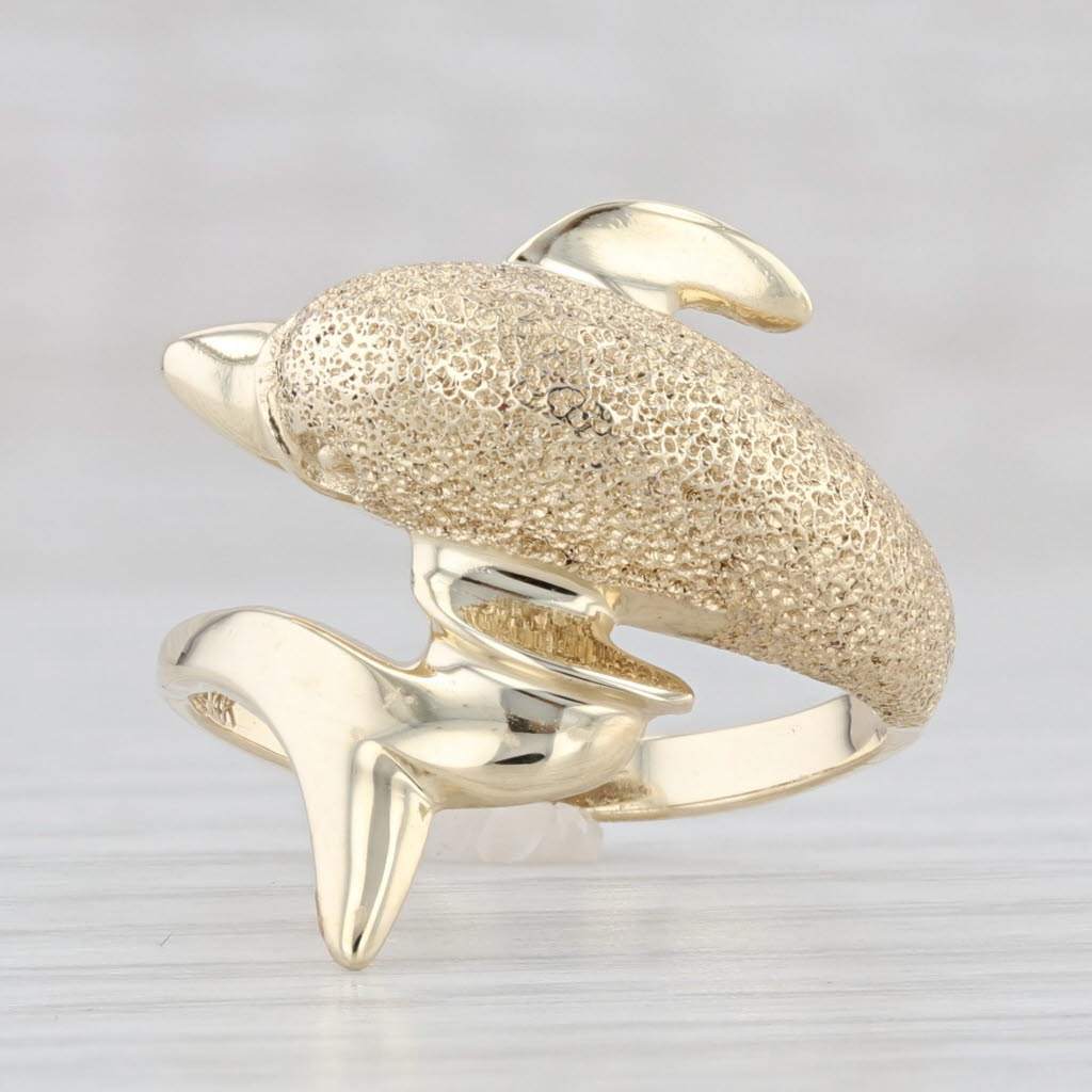 Light Gray Dolphin Bypass Ring 14k Yellow Gold Size 7 Nautical Jewelry