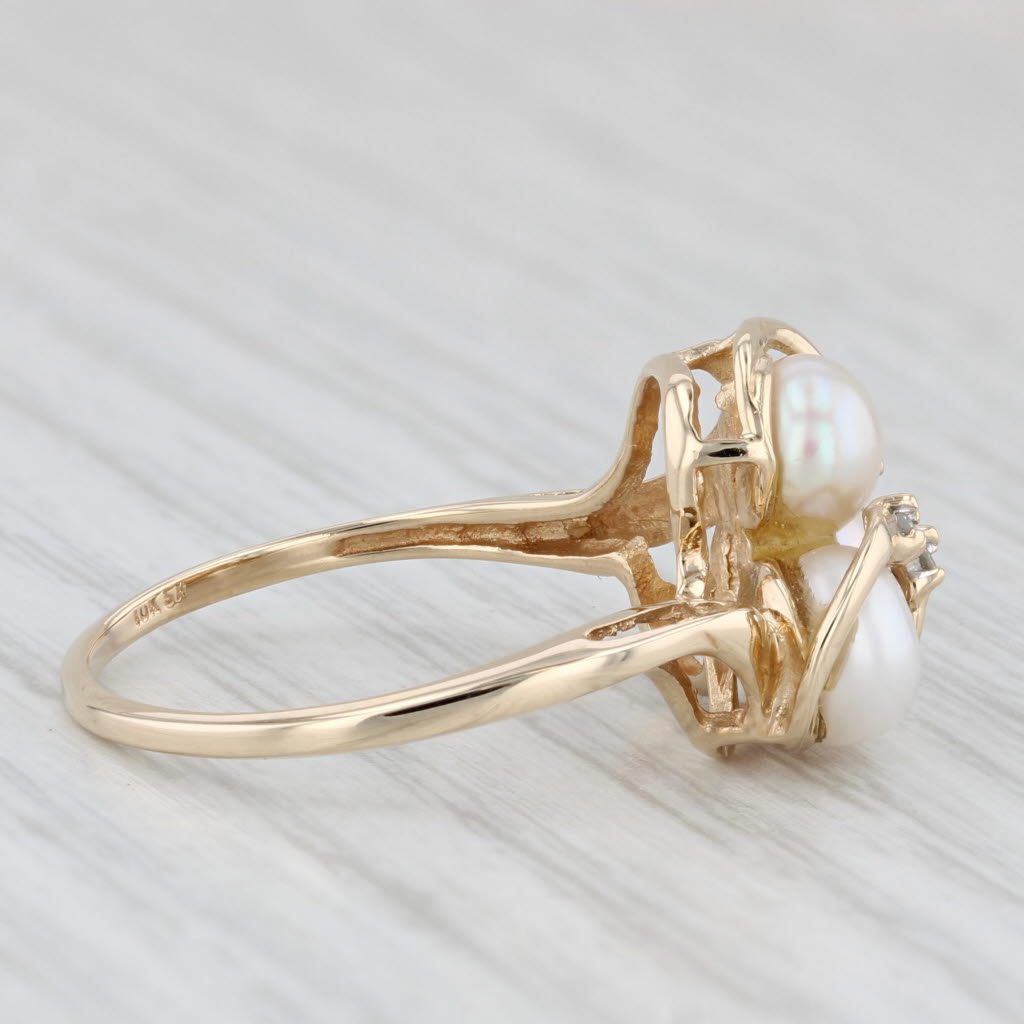 Light Gray Cultured Pearl 3-Stone Diamond Ring 10k Yellow Gold Size 7.5