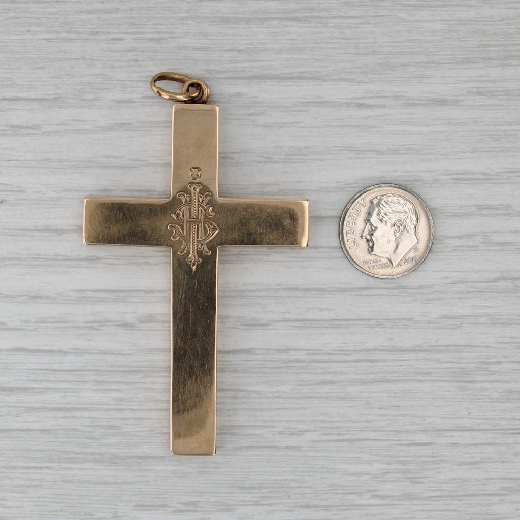 Antique IHS Large Cross Pendant 12k Yellow Gold Engraved 1902