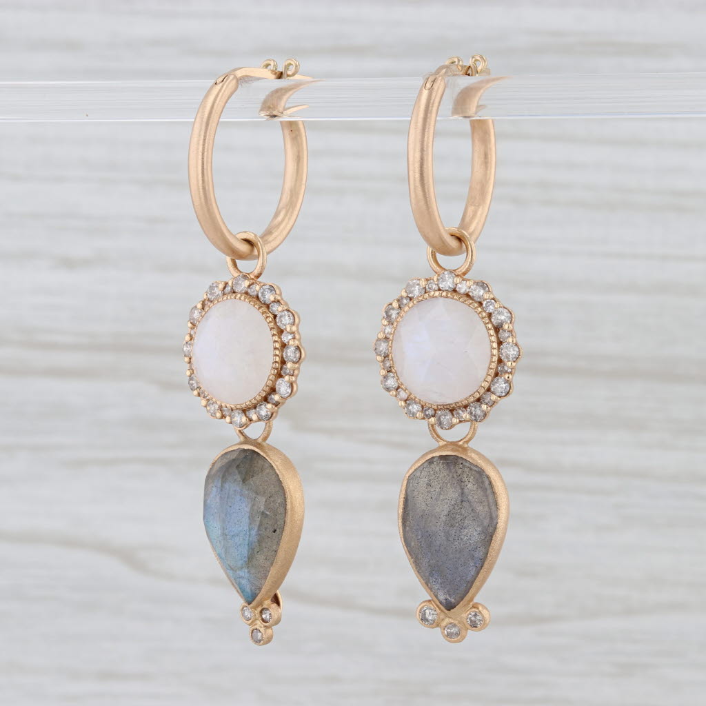 New Nina Wynn Hoop Earrings 18k Gold Labradorite Moonstone Diamond Charms