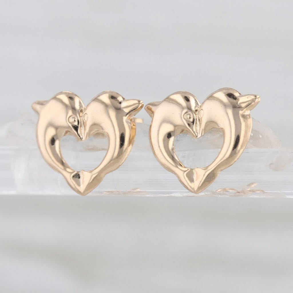 Dolphin Heart Stud Earrings 14k Yellow Gold Small Studs