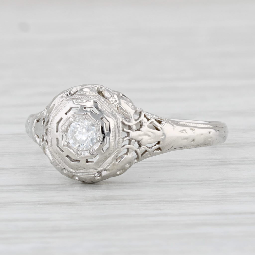 Light Gray Vintage Art Deco 0.10ct Diamond Ring 18k White Gold Size 7.5 Old European Cut