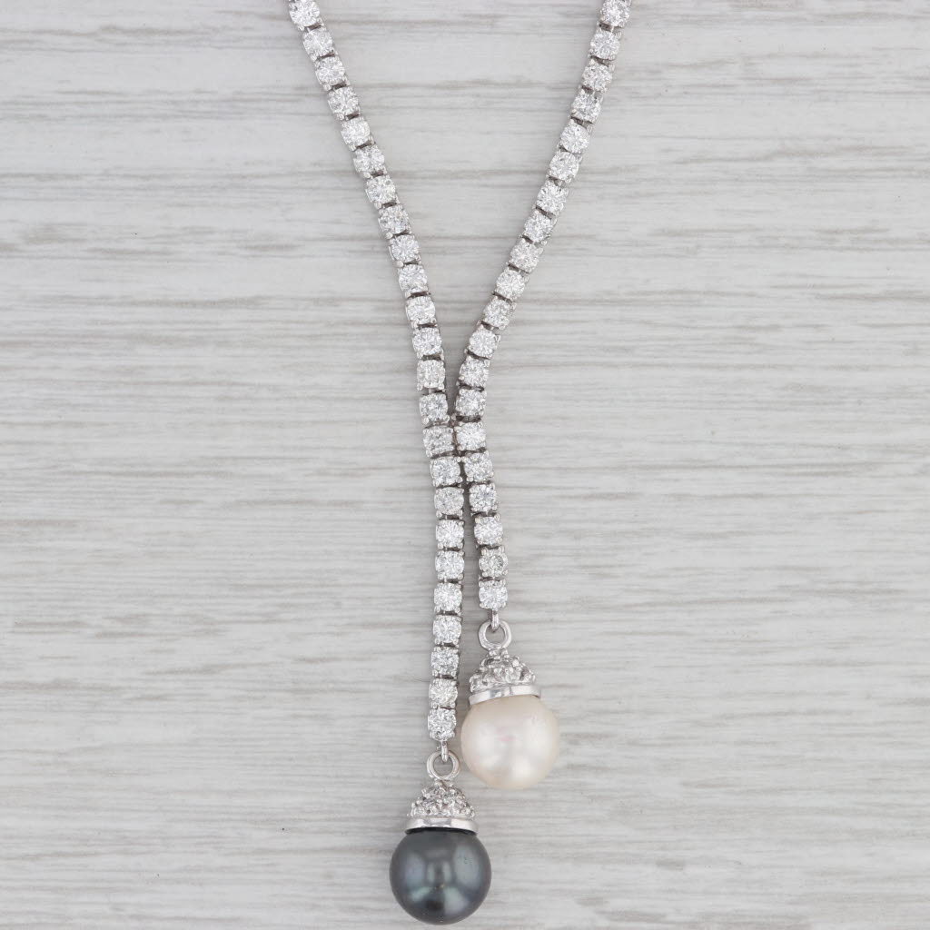 Gray 3.90ctw Diamond Tennis Black White Cultured Pearl Lariat Necklace 14k White Gold