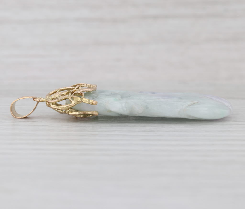 Carved Green Jadeite Jade Pendant 14k Yellow Gold Ornate Statement