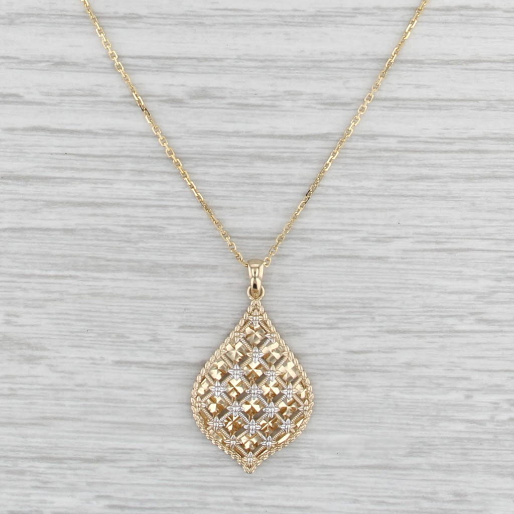 Floral Openwork Teardrop Pendant Necklace 14k 2-Toned Gold 17.75" Cable Chain