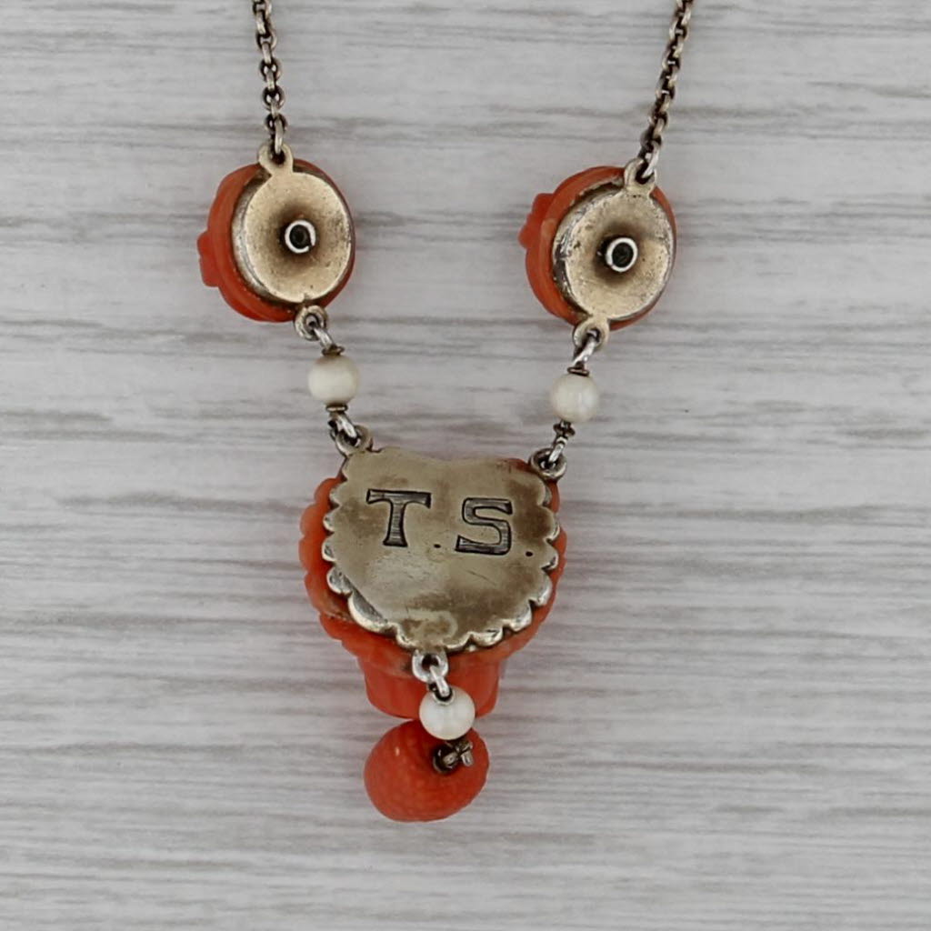 Vintage Carved Coral Floral Lion Acorn Lariet Necklace Silver 17.5" Cable Chain