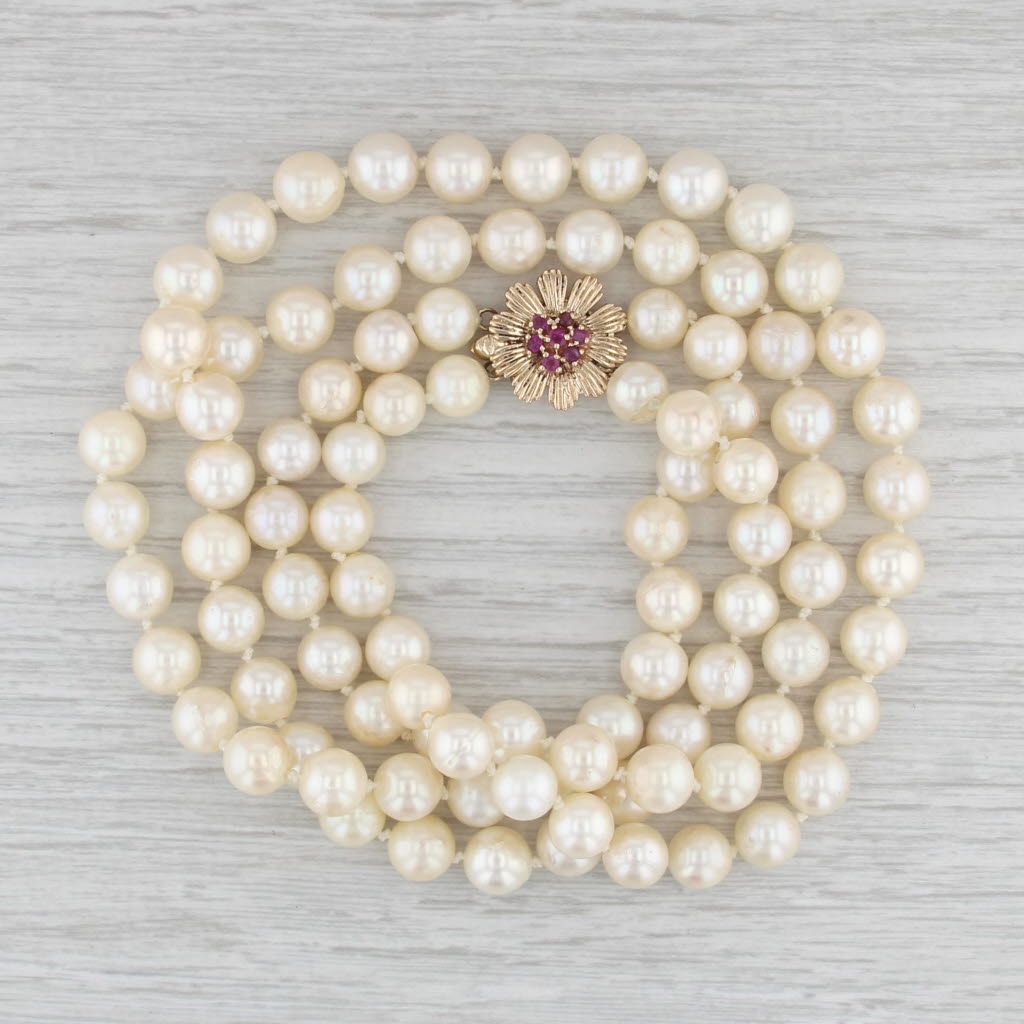 Vintage Cultured Pearl Double Strand Necklace 15" 14k Yellow Gold Ruby Clasp
