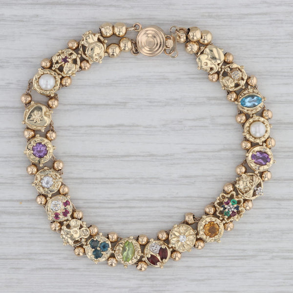 Gemstone Slide Charm Bracelet 14k Gold 8" Diamond Ruby Sapphire Emerald Amethyst