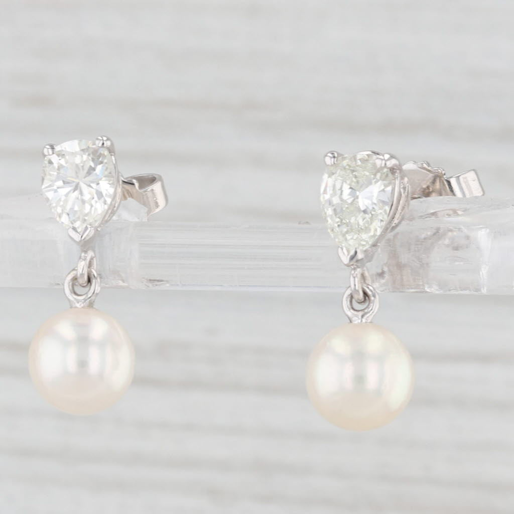 Light Gray Diamond Teardrop Pearl Dangle Earrings 14k White Gold Pierced Stud Drops