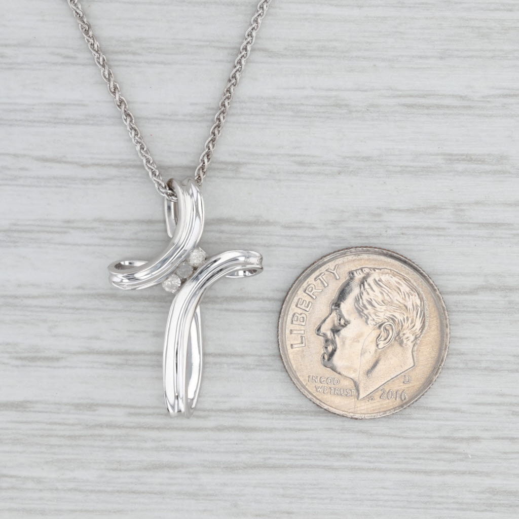 Diamond Cross Pendant Necklace 10k White Gold Wheat Chain 18" 1.2mm