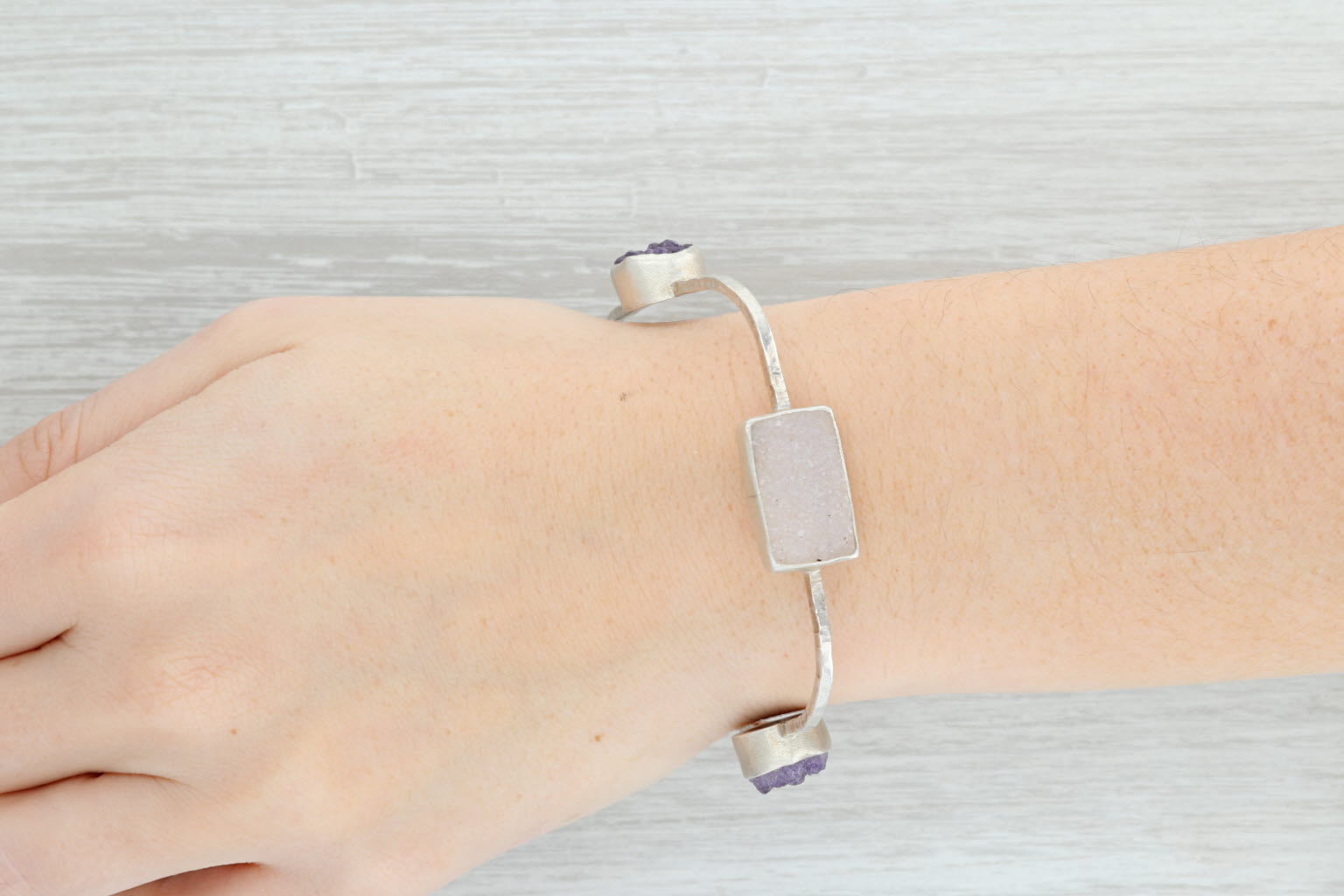 New Nina Nguyen Amethyst White Druzy Quartz Bangle Bracelet Sterling Silver 8”