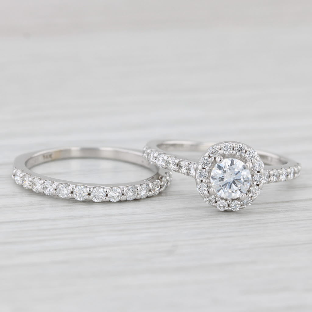 Light Gray 1.22ctw Diamond Halo Engagement Ring Wedding Band Bridal Set 14k White Gold