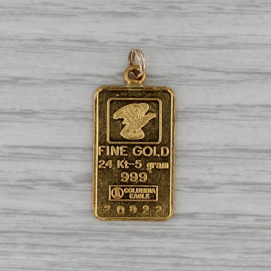 Columbia Eagle 24k 5 Gram Gold Bar Pendant 999 Fine Yellow Gold Charm