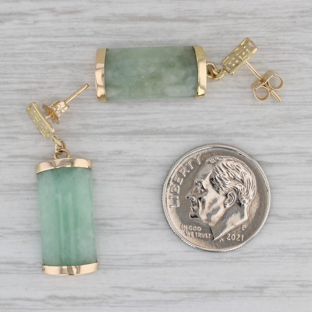 Gray Green Jadeite Jade Dangle Earrings 14k Yellow Gold Chinese Calligraphy Luck