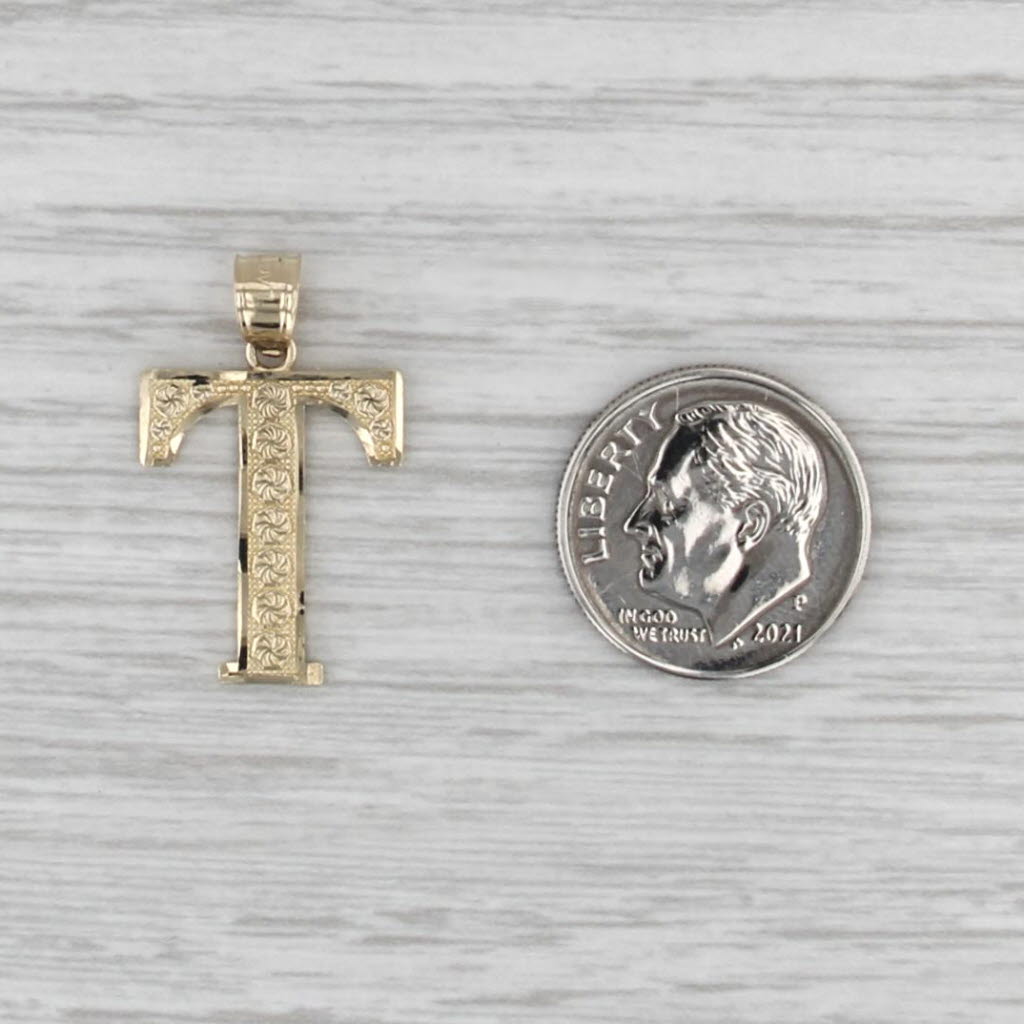 Textured Pattern Letter Initial "T" Pendant 10k Yellow Gold