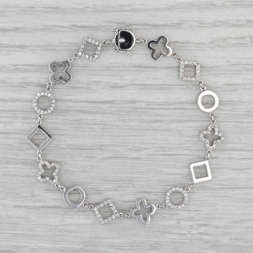 0.42ctw Diamond Circle Square Cross Link Bracelet 18k White Gold 6.75"