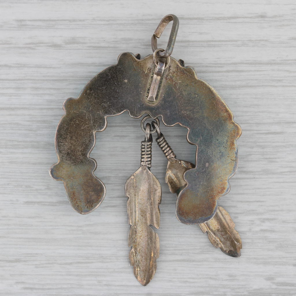 Gray Vintage Buffalo Turquoise Feather Wreath Pendant Sterling Silver Southwestern