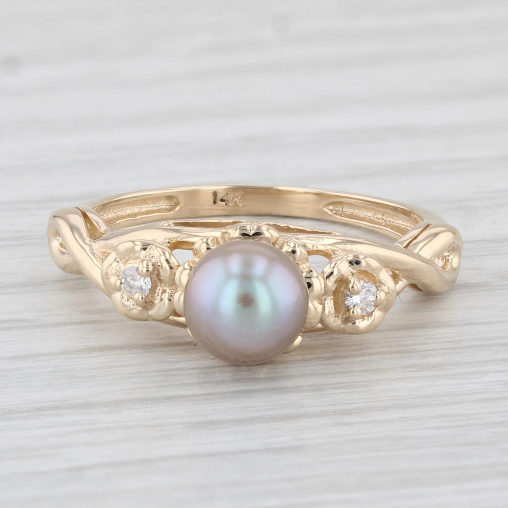 Light Gray Gray Cultured Pearl Diamond Ring 14k Yellow Gold Size 6.75