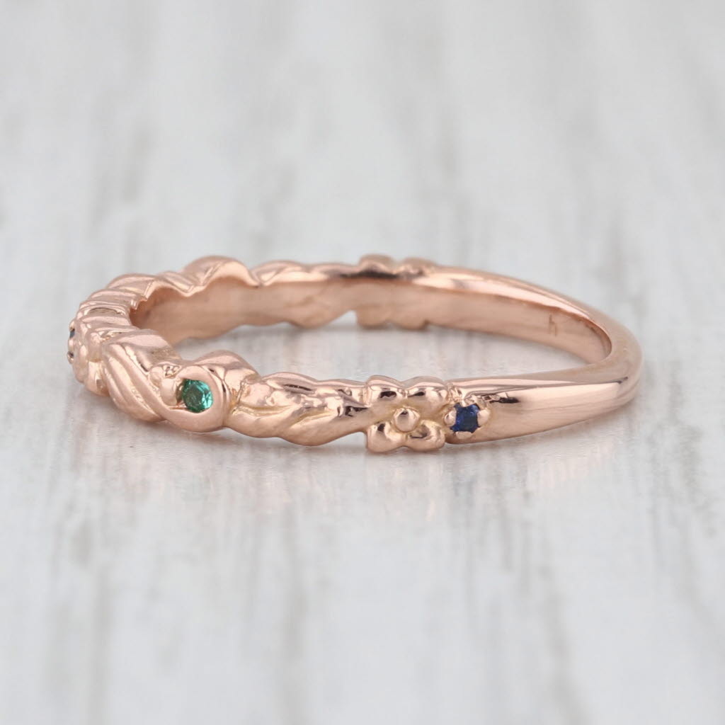 Vintage Blue Stone Emerald Ring 14k Rose Gold Stackable Band Size 4.5 Bridal