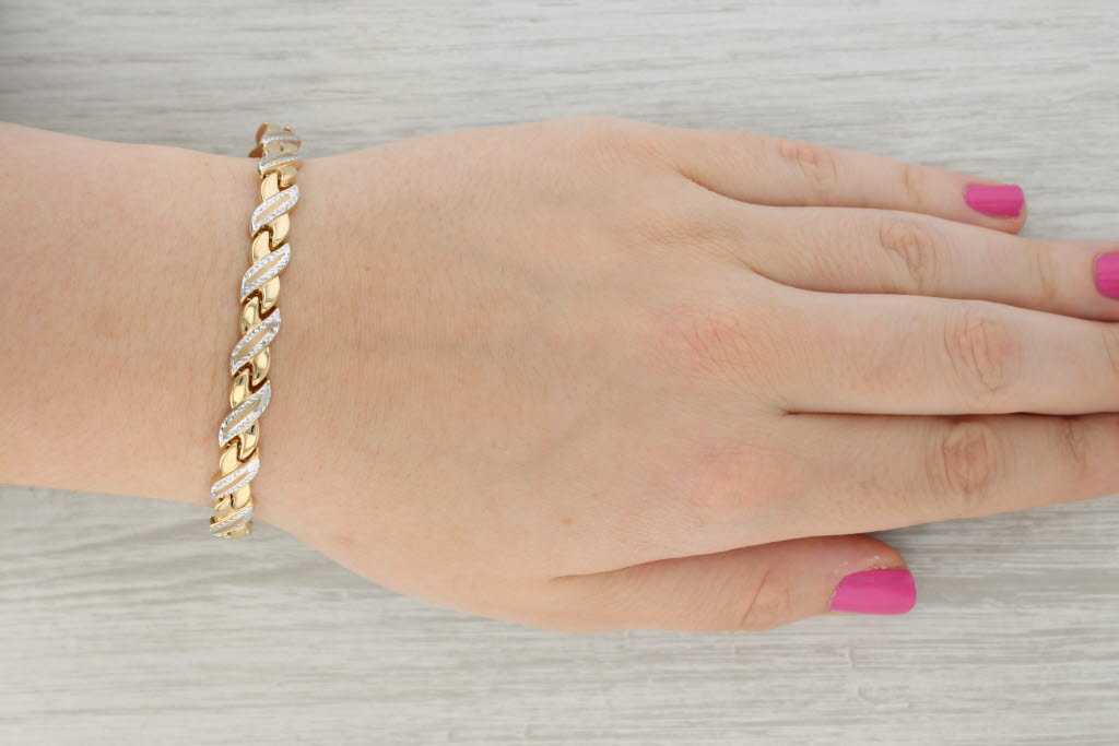 Tan X Link Bracelet 10k Yellow White Gold 7.75" 7.3mm