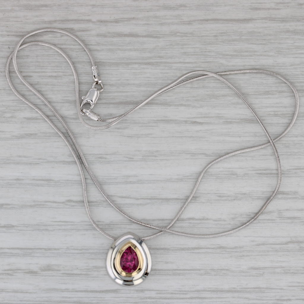 Gray 0.90ct Rubellite Tourmaline Teardrop Pendant Necklace 14k White Gold Snake Chain