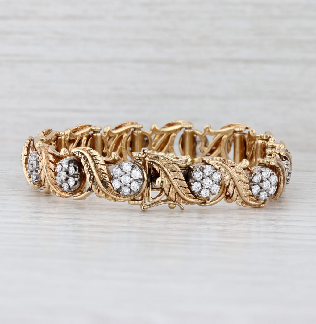 Vintage Jabel 2.50ctw Diamond Flower Leaf Bracelet 18k Yellow Gold 6.5" 10.4mm