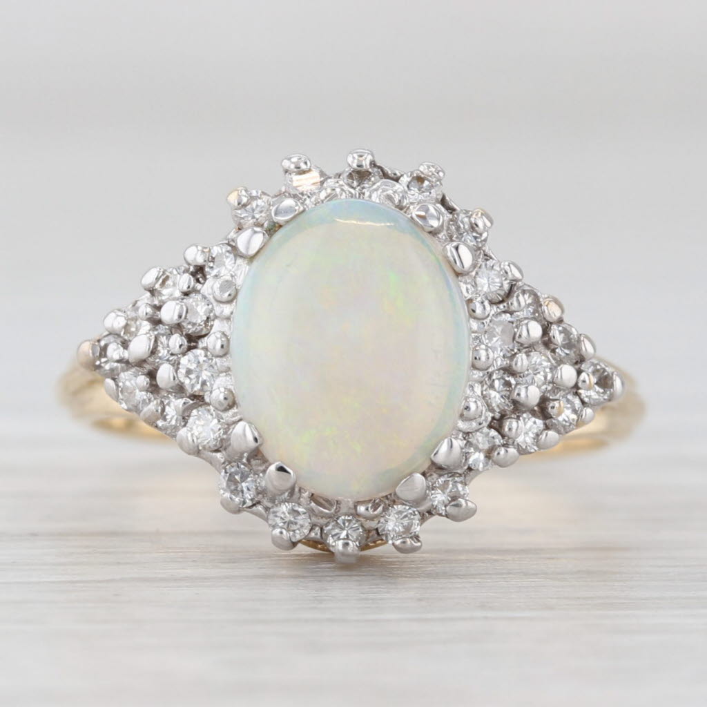 Light Gray 0.27ctw Diamond Cluster Opal Cabochon Ring 14k Yellow Gold Size 6