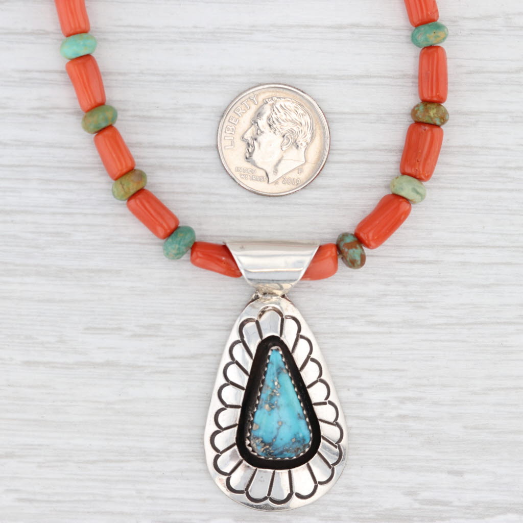 Light Gray Jackson Turquoise Coral Bead Necklace Sterling Silver Native American Navajo