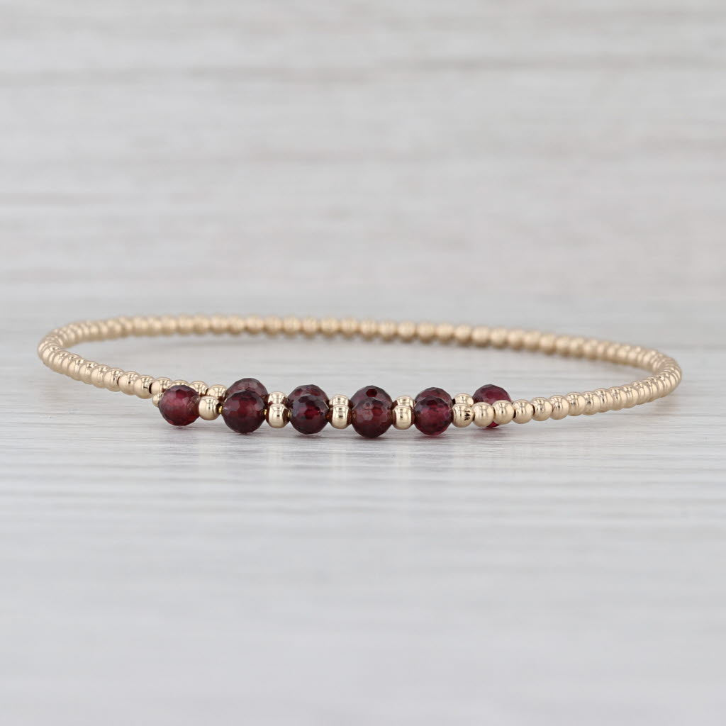 Garnet Bead Bypass Bangle Bracelet 14k Yellow Gold 6.5" Adjustable
