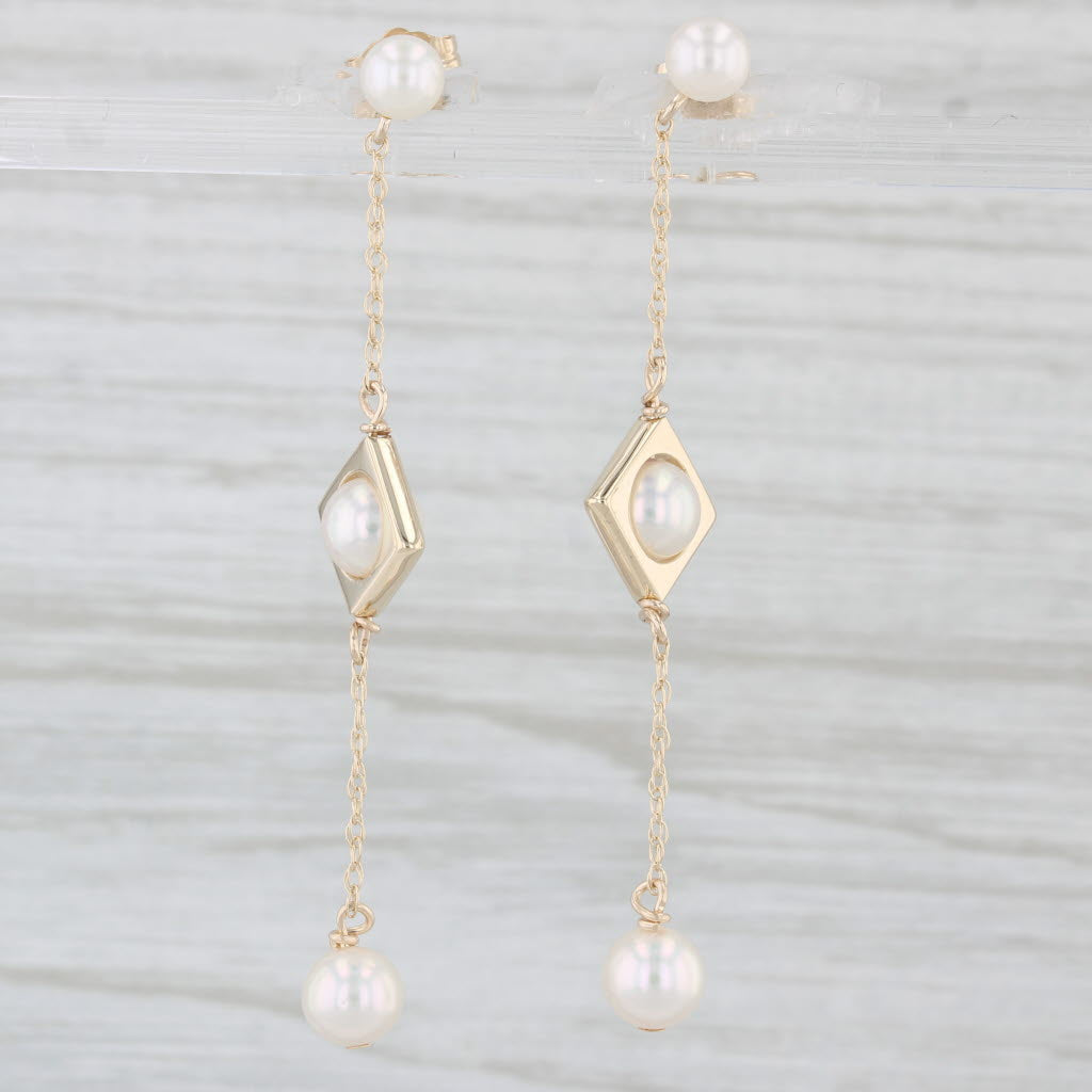 Light Gray Cultured Pearl Drop Earrings 14k Yellow Gold Drops 3-Stone Drop