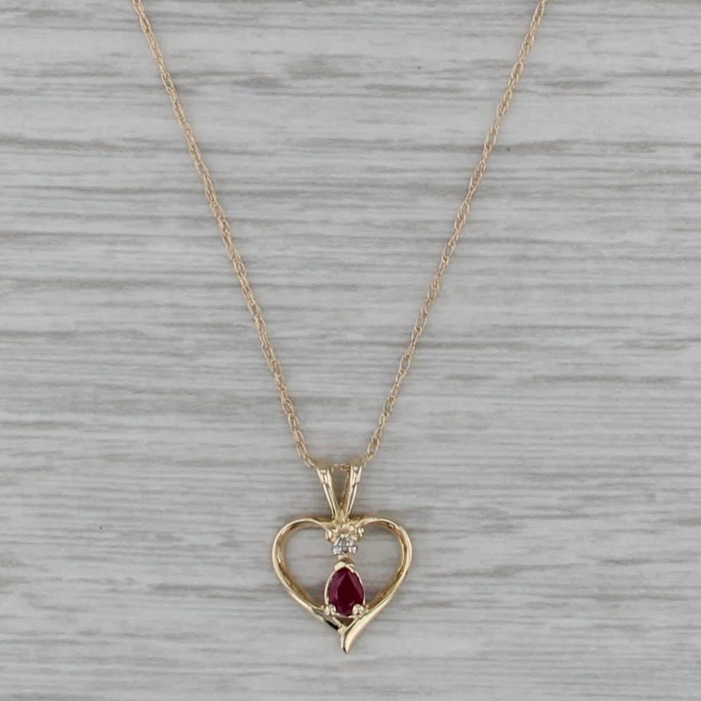 0.13ct Ruby Open Heart Pendant Necklace 10k Yellow Gold 18" Rope Chain