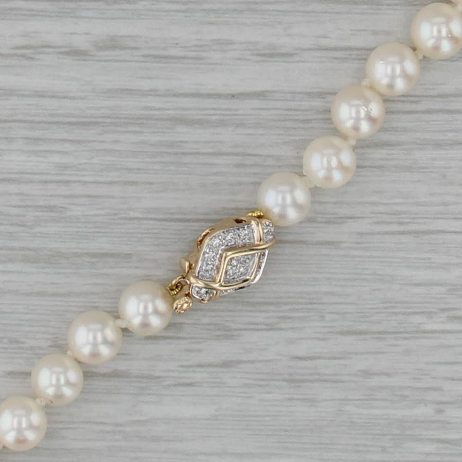 Diamond Clasp Pearl Bead Single Strand Necklace 14k Gold 31.5"